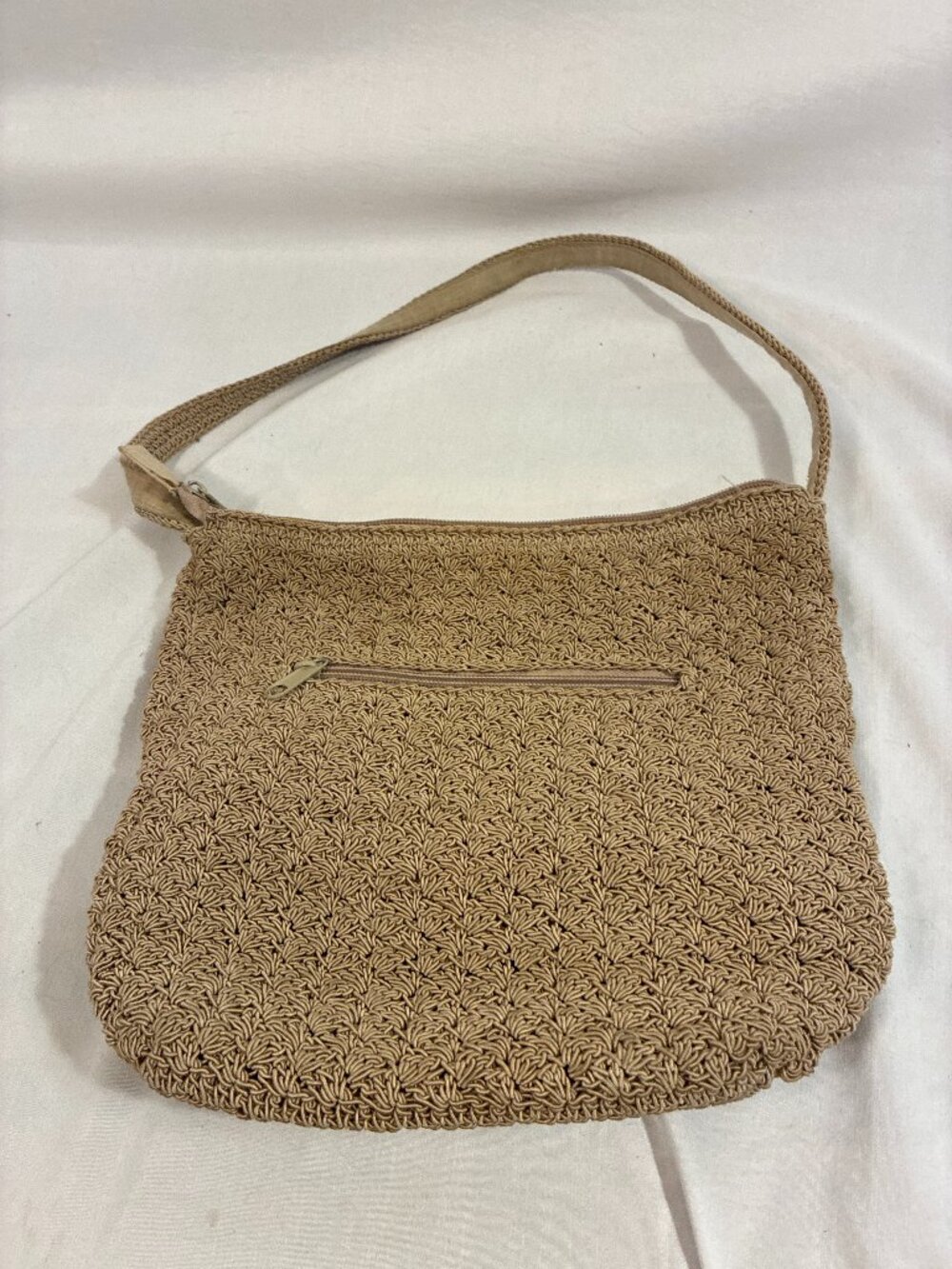 Vintage Tan Crochet Knit Woven Shoulder Bag Slouchy Boho Summer Hobo Tote Purse